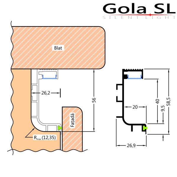 Profil-led Gola tip “J” 2m+1m. Aluminiu